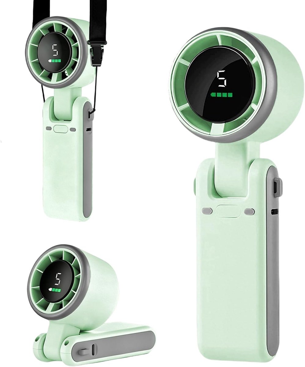 Draagbare mini-turboventilator met led-display, 180° inklapbare 3-in-1 persoonlijke ventilator met 5 snelheden voor op reis, buiten en thuis (groen)