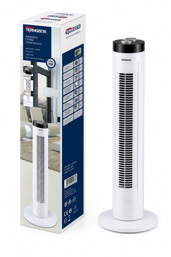 Witte torenventilator van Termozeta met zwarte accenten. Inclusief verpakking met productinformatie.