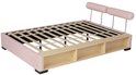 Roze bedframe met houten lattenbodem en opbergvakken, twee ronde, roze hoofdkussens.