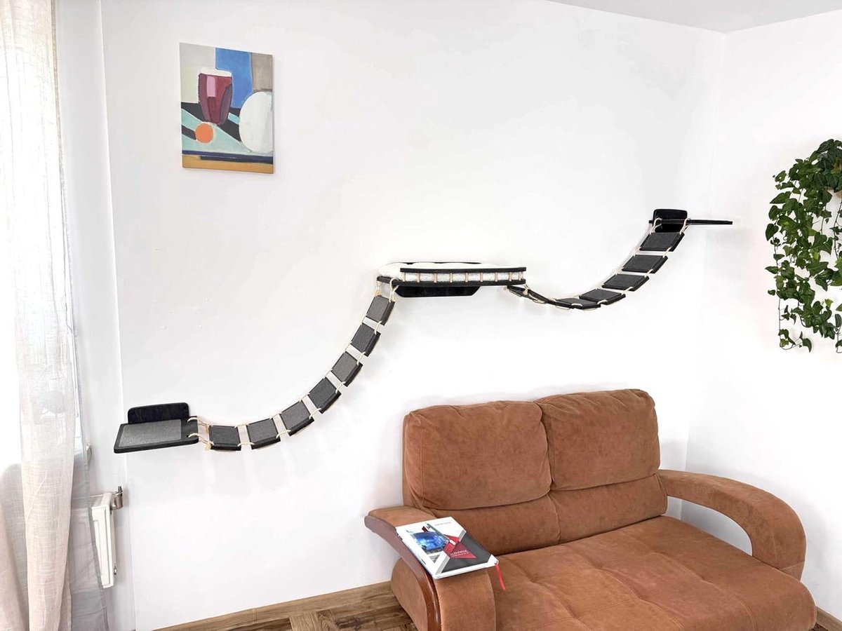 Klimmuur Katten Set - Klimmeubel Kat - Spelen en Rusten - Massief Hout - 285 cm Lengte - Donker