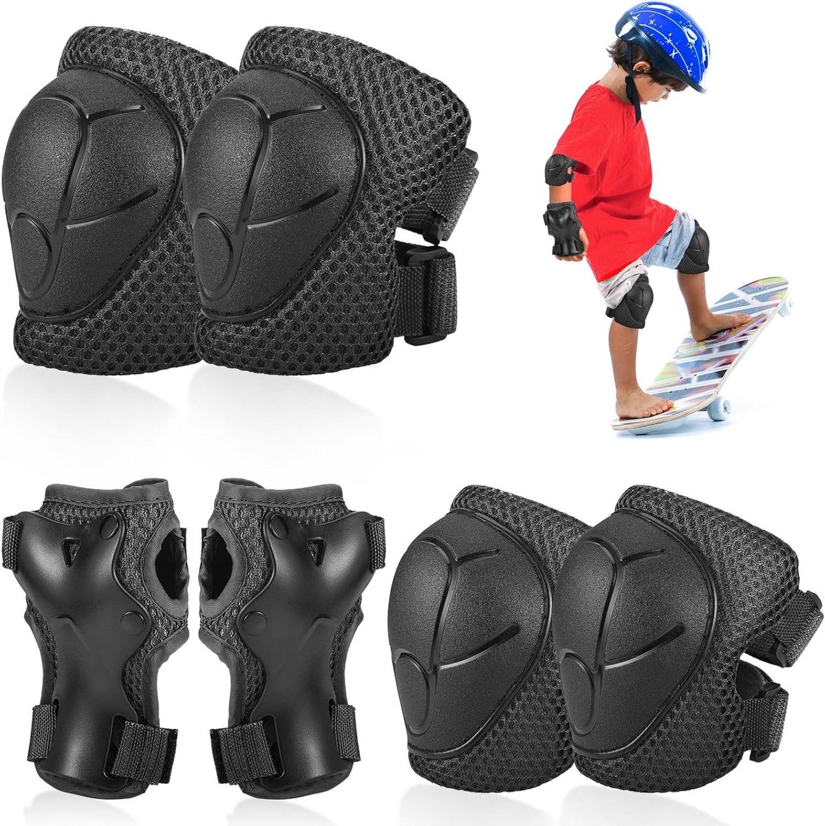 Kinderen Beschermingsset - Knie Elleboog - Actieve Sport - Hoge Dichtheid Spons - 6 Delig - Zwart