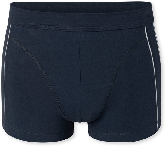 Donkerblauwe boxershort met een elastische tailleband en witte biezen op de zijkanten.