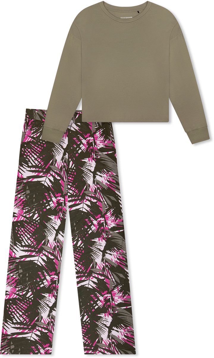 Schiesser dames Modern Nightwear lange pyjama van interlock met palmbomen - jade dessin