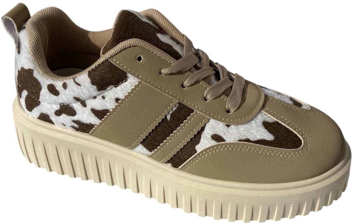 Dames Plateau Sneakers - Beige Koeienprint - Maat 39