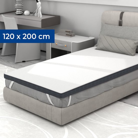 Surmatelas blanc avec bordure grise, 120 x 200 cm, en mousse à mémoire de forme infusée de gel de 8 cm d'épaisseur.