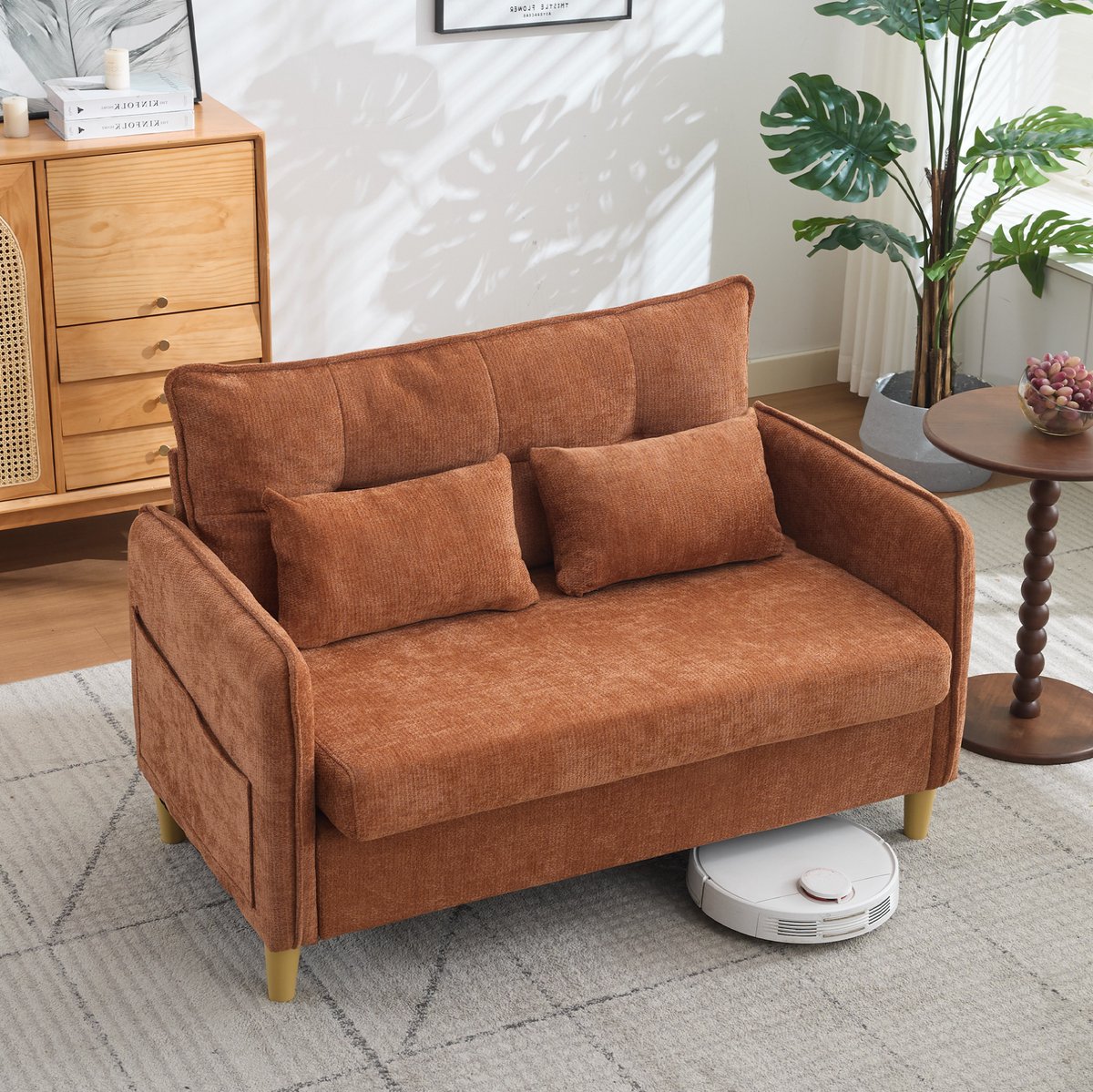 2 Zits Bank 127 Cm Met Armleuningen En Zijvakken Comfortabele Chenille Woonkamerbank Met Houten Frame Voor Woonkamer En Kantoor Bruin