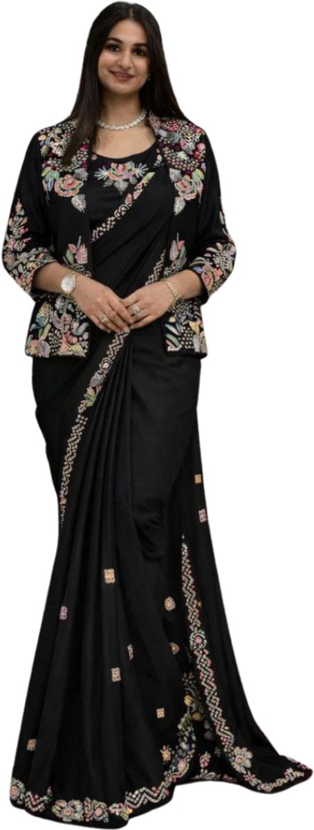 Simhera Threads Women's Black Designer One Minute Saree -Mens and Womens Fashion-with Floral Embroidered Jacket