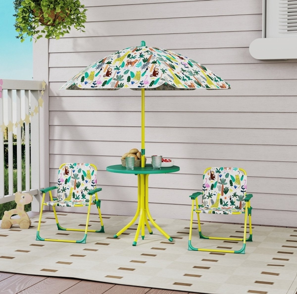 MEUNIQ kindersitzgroep 4-delig met ronde kindertafel, 2 klapstoelen en afneembare verstelbare parasol, kindertuinset voor tuin en picknick, groen