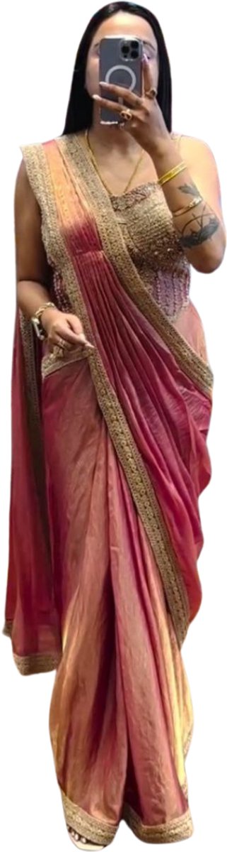 Simhera Threads Women's Rose Pink & Peach Dual-Tone One Minute Saree -Mens and Womens Fashion-with Gold Embroidered Border