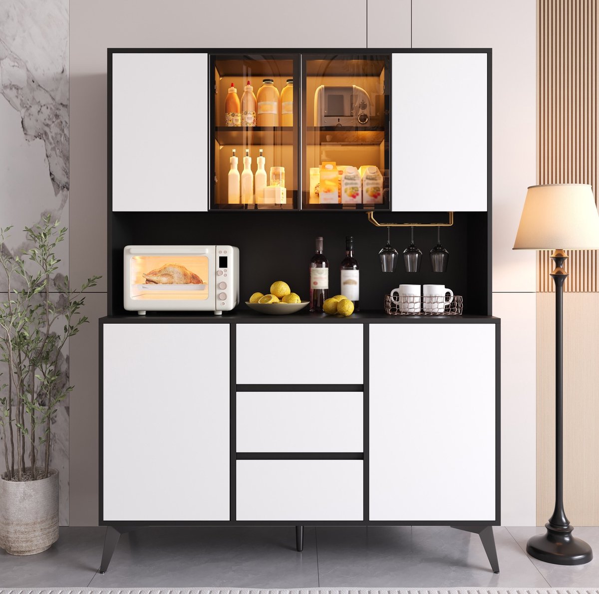 FloraGrace Buffetkast - Hoge Vitrinekast Met App Bedienbare Led En 3 Lades - Voor Keuken En Woonkamer - MDF - 120x40x160 Cm - Zwart Wit