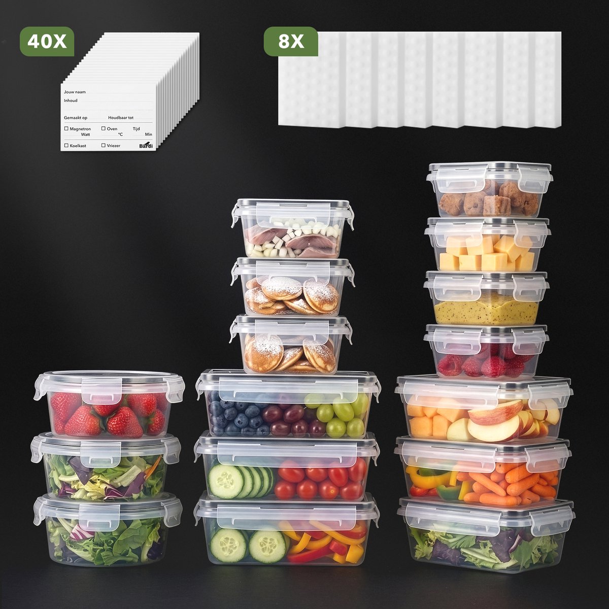 Bardi vershoudbakjes set 16 stuks - BPA vrij plastic meal prep en diepvriesbakjes - luchtdicht - 350 tot 1000 ml + 8 wonderspons