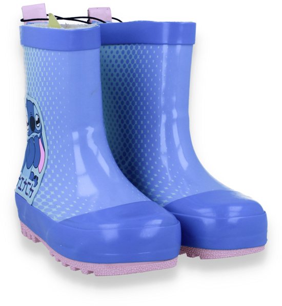 Lila regenlaarzen met een patroon van stippen en het personage Stitch.