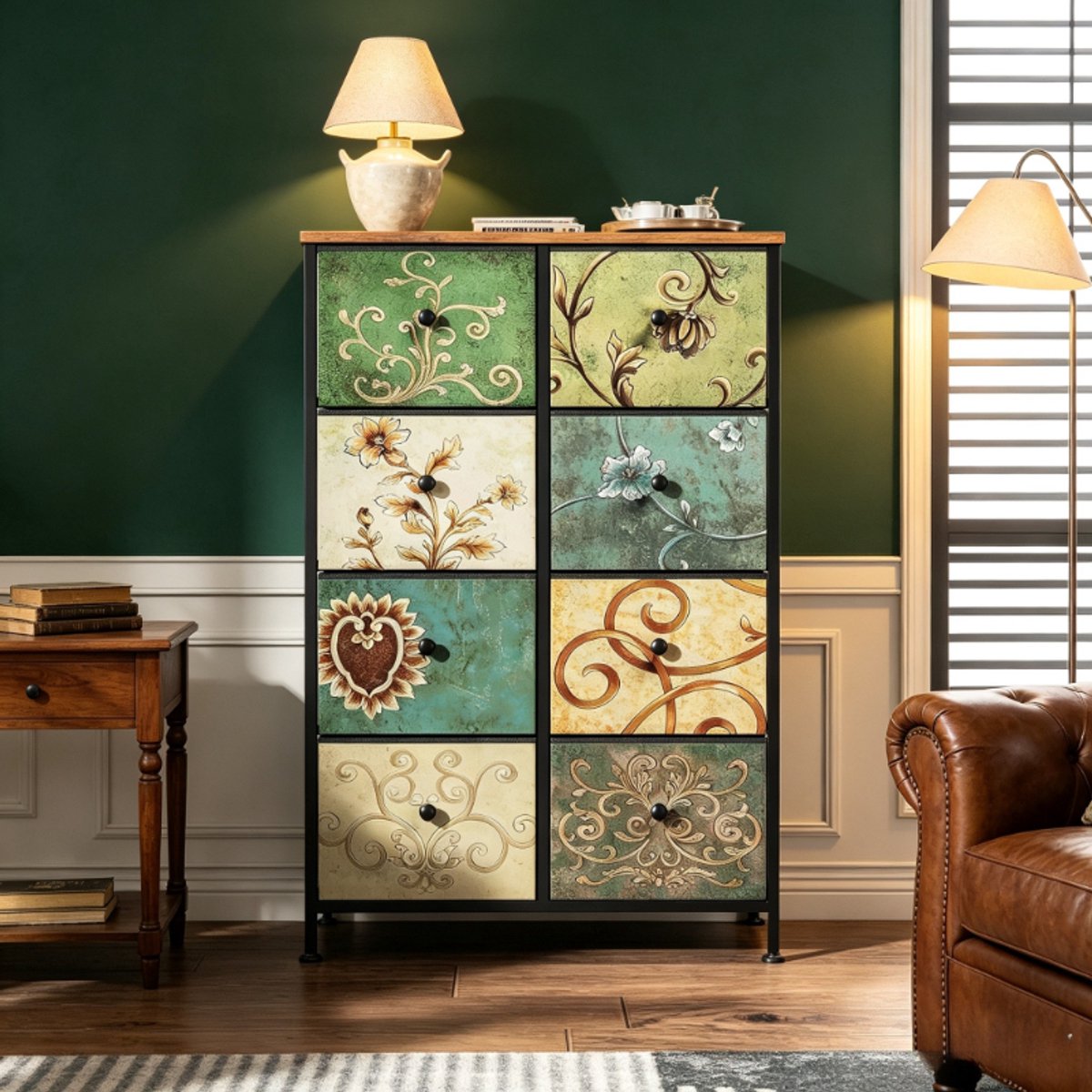 Ladekast 8 lades 67x30x100 cm, commode, dressoir, opbergkast, woonkamerkast met vintage design, MDF, zwart metalen frame
