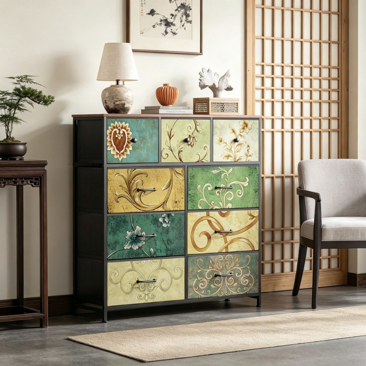 Ladekast met 9 lades 100x30x100 cm, commode, dressoir, buffetkast, opbergkast, woonkamerkast, vintage design, MDF, zwart metalen frame