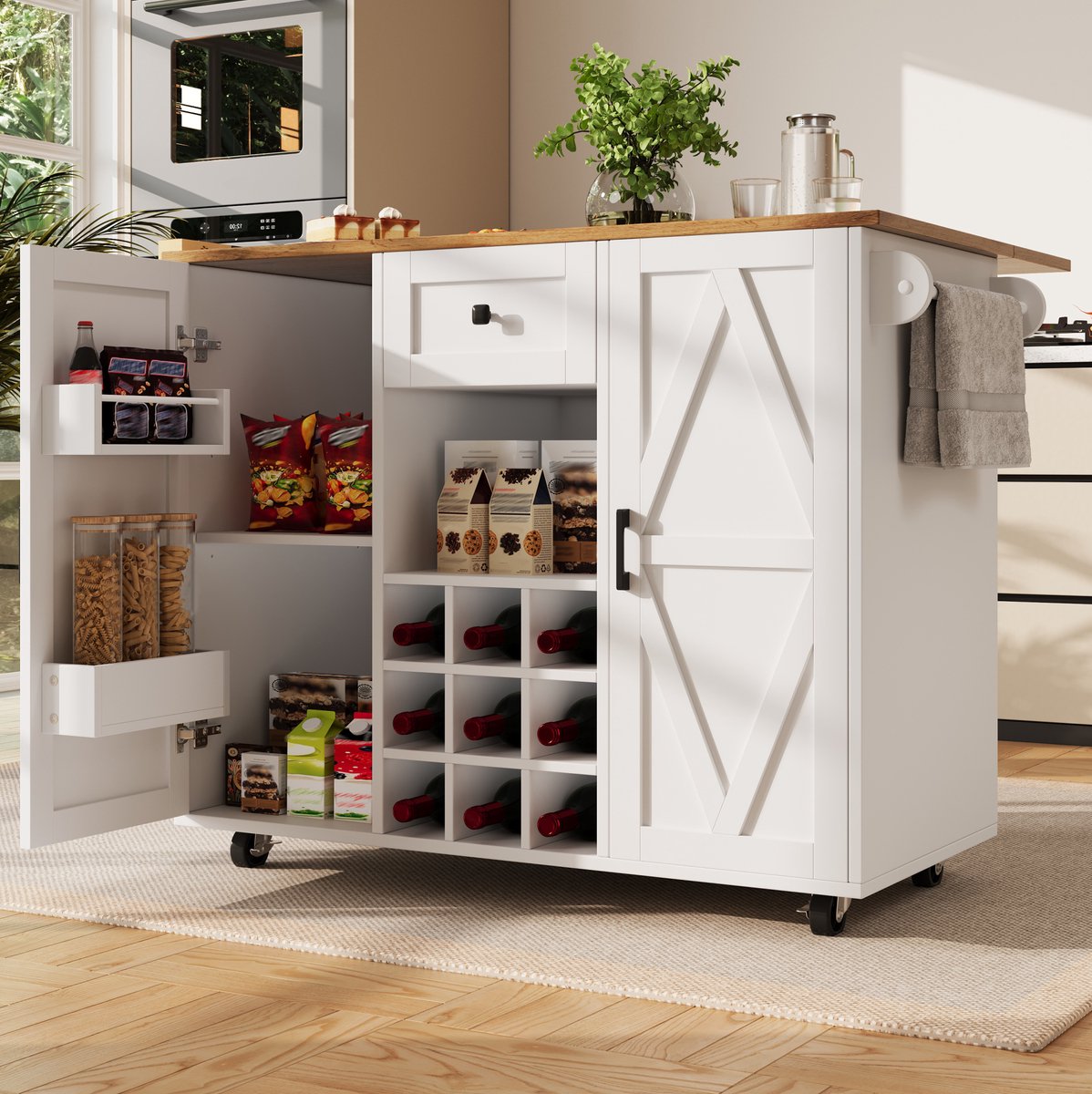 DESMIU Keukenkast - Opklapbare Keukeninsel Met Wielen En Opbergruimte - Voor Keuken En Eethoek - MDF - 137,5x40x95,6 Cm - Wit