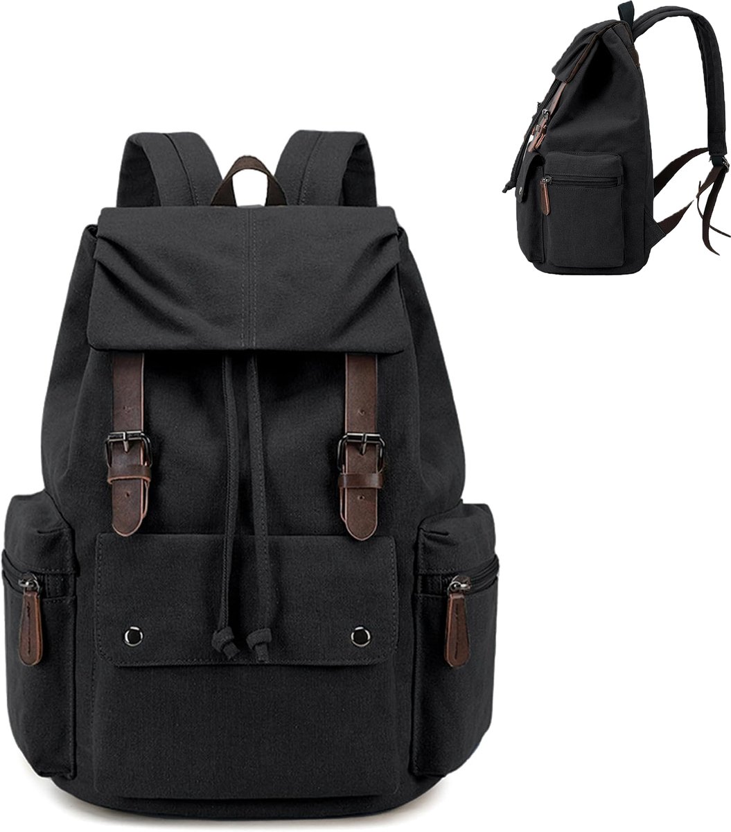 KZQ Retro canvas en leren studenten laptoprugzak - Duurzame unisex tas voor wandelen werk en reizen - Waterafstotend - Legergroen