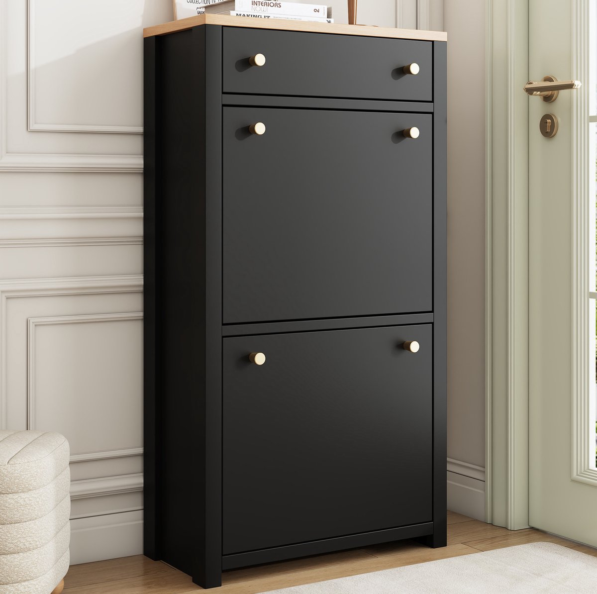MIVRAY Schoenenkast - Smal Ontwerp Met 1 Lade En 2 Kleppen - Verstelbare Planken Voor Hal En Entree - MDF Zwart Met Houtlook - 50x24x95 Cm