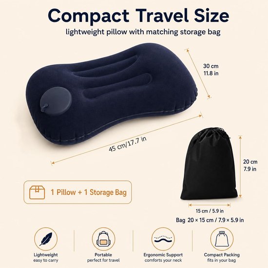 Thijox - Opblaasbaar Kussen Ultralicht Ergonomisch Compact Marineblauw voor Strand, Camping en Rugzak, Ideaal voor Opblaasbaar Bed en Slaapzak van Thijox — afbeelding 3