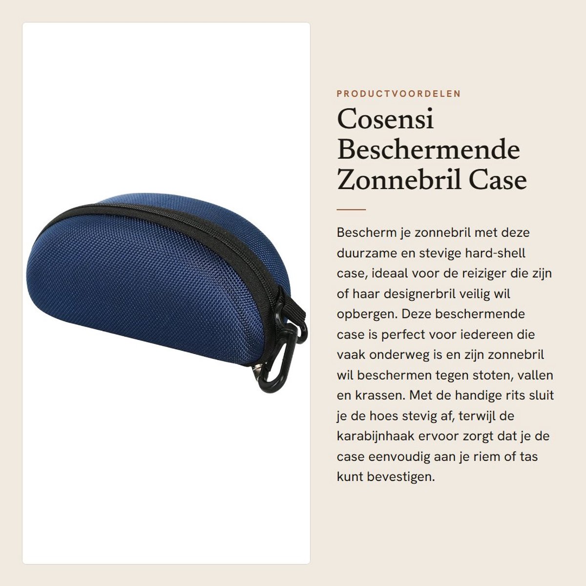 Dailygoods- Zonnebril Case Hard-shell - Beschermende Hoes - Ritsluiting - Karabijnhaak - Duurzaam - Stijlvol Donkerblauw - Brilhoes