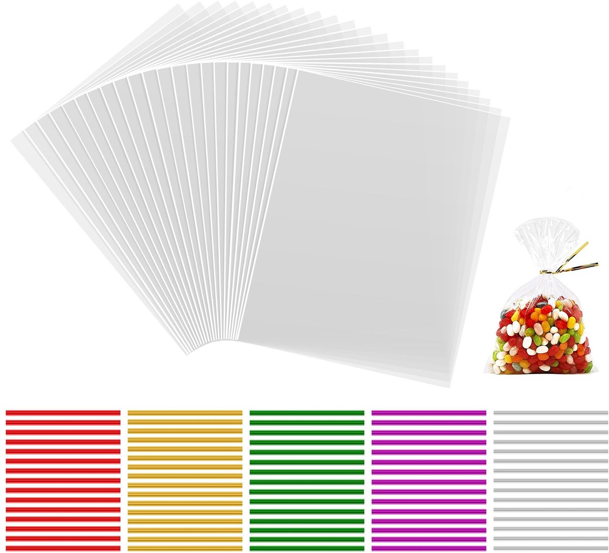 Dailygoods - Anstore Cellofaanzakjes, groot, 15 x 20 cm, 200 transparante cellofaanzakjes met 200 kleurrijke metalen bindbanden voor bruiloft, Kerstmis, transparante cadeauzakjes, kinderverjaardag, zakjes