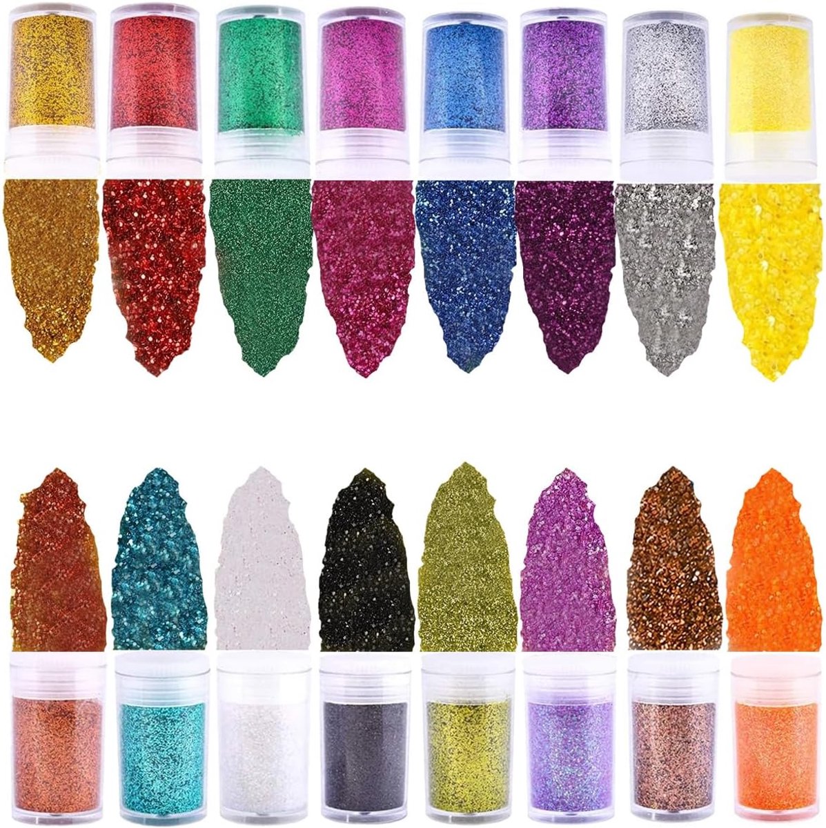 Thijox - 16-delige festivalglitterset - kleurrijke glitterpoeders voor gezicht, nagels, ogen, lippen, haar en lichaam - creatief feestaccessoire voor