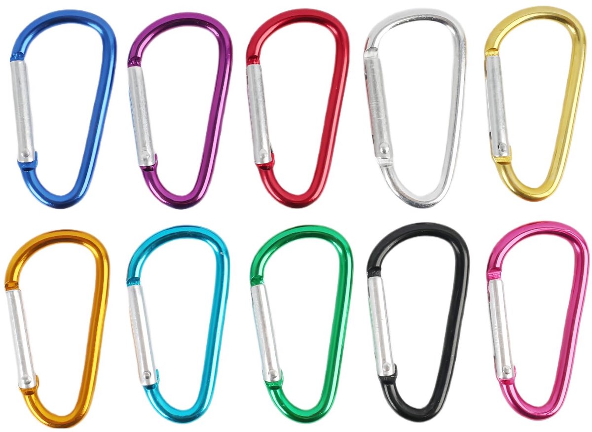 Dailygoods- Karabijnhaak set van 10 - D-ring - Mini-karabijnhaak - Aluminium - Zwart - Tot 68 kg belasting - Haak