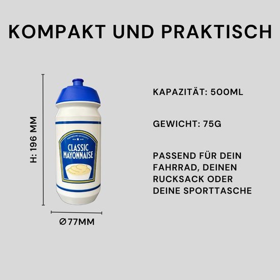SnelShoppen - Drinkfles Classic Mayonaise 500 ml BPA-vrije waterfles voor Sport, Fitness, Vrije Tijd, Outdoor, Fiets, Werk, Reizen, School, Duurzaam C — afbeelding 4