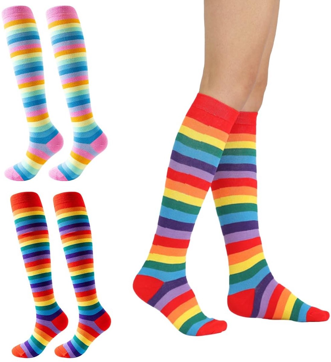 Dailygoods- Kniekousen Dames - Extra Lange Kniekousen - Overknee Kousen - Regenboog-gestreepte Sokken - Comfortabel Materiaal - Perfecte Pasvorm