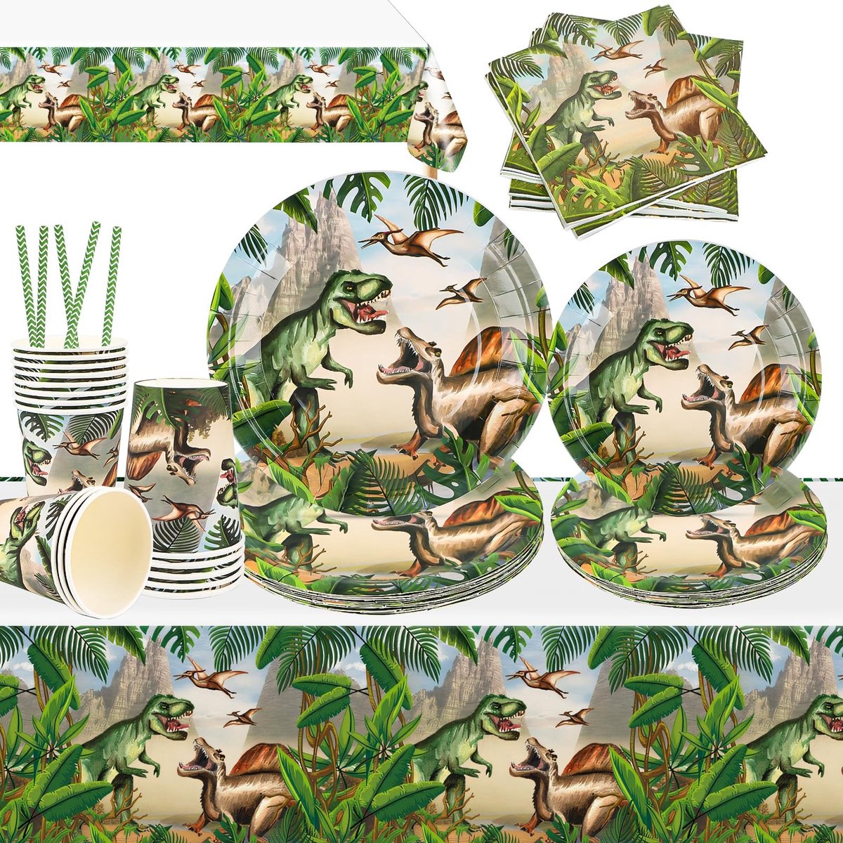Dailygoods - Dino-decoratie voor kinderverjaardag, 81 stuks, dino-verjaardagsdecoratie, dino-feestset, dinosaurusdecoratie verjaardag, dino-servetten, kinderverjaardag, papieren borden, beker, stro,
