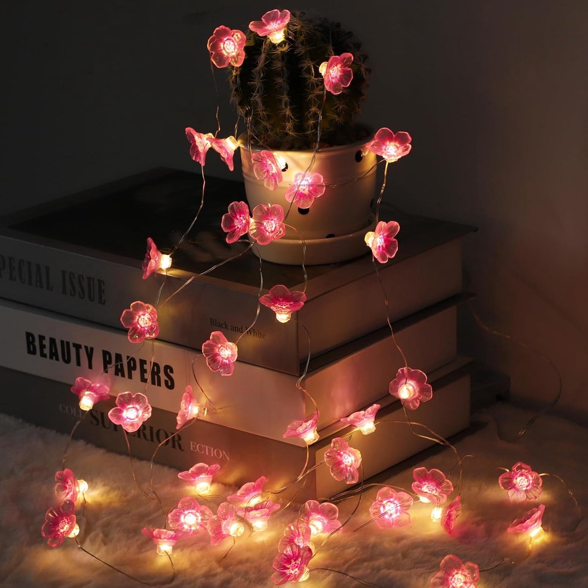 Thijox - Led-lichtsnoer met Kersenbloesem, 4m, 40 LEDs, Roze Bloemen Slinger, Batterij met Timerfunctie, Feestdecoratie voor Binnen, Bruiloft, Tuin, V