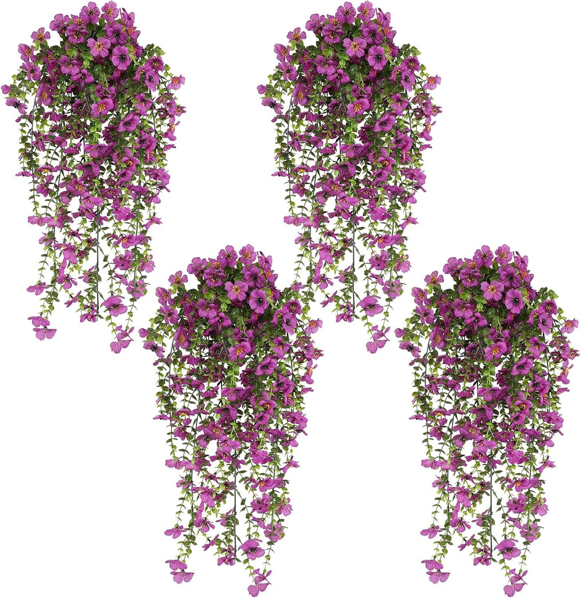 SnelShoppen - 4 stuks kunsthangbloemen Viooltjes UV-bestendig Hangplant voor Tuin, Balkon, Bruiloft, Buiten Decoratie met Eucalyptusbladeren