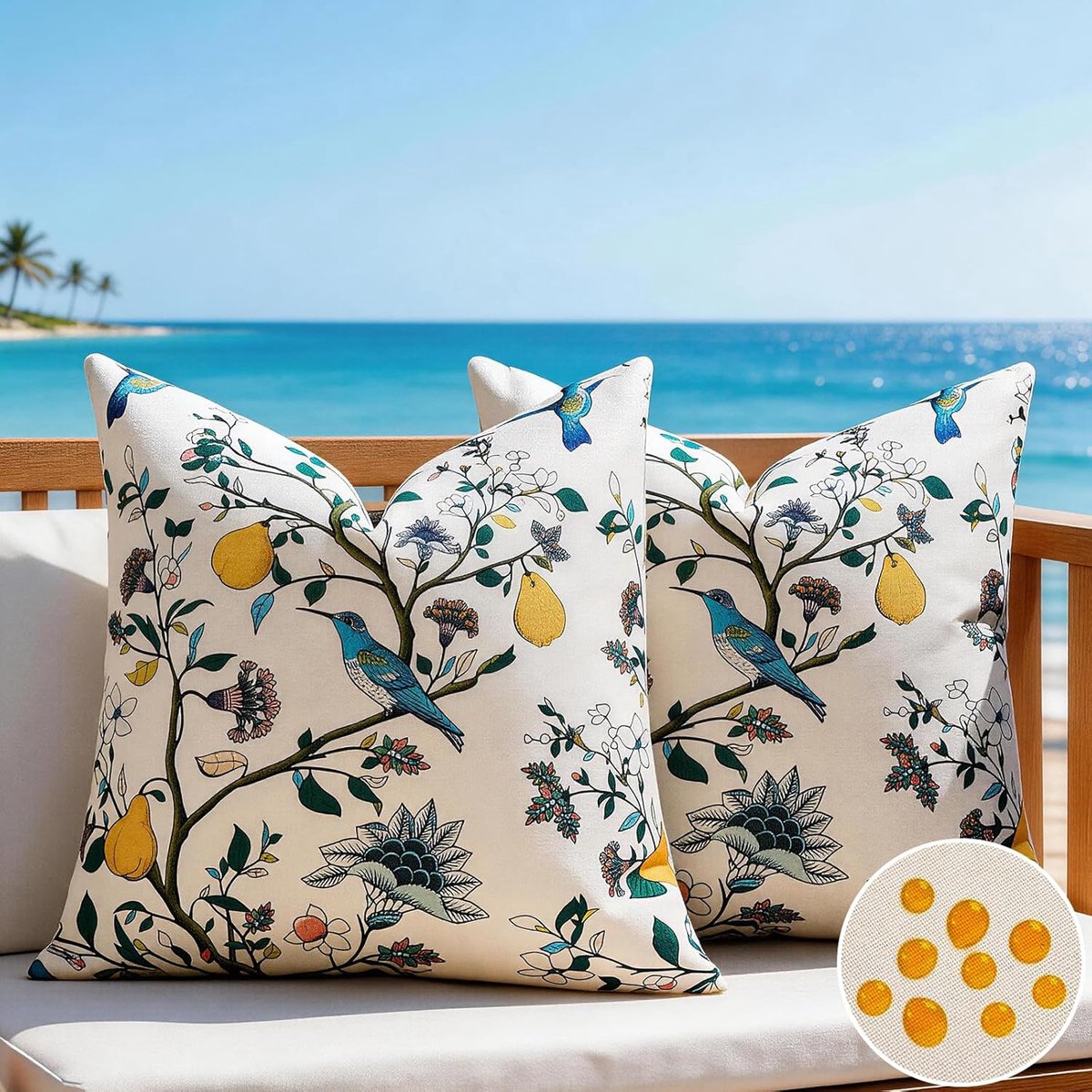 Thijox - Kussenovertrek set van 2, 40 x 40 cm met witte bloemen, moderne boerderijlook, boho, citroenen en blauwe vogels, polyester linnen, decoratie