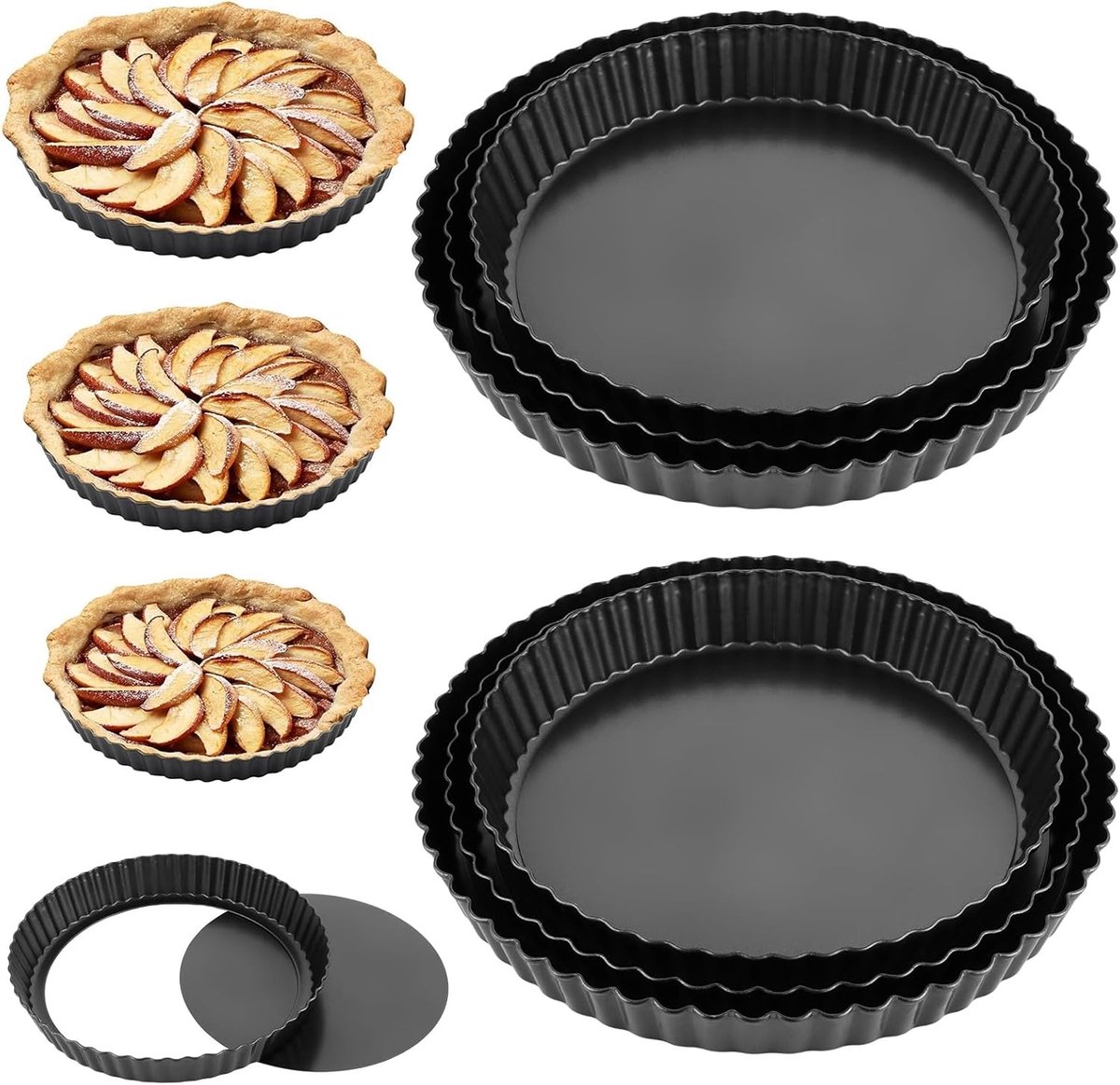 Set van 6 Taartvormen met Verhoogde Bodem, 20/22/24 cm, Antiaanbaklaag, Ideaal voor Taarten, Quiches en Gebak