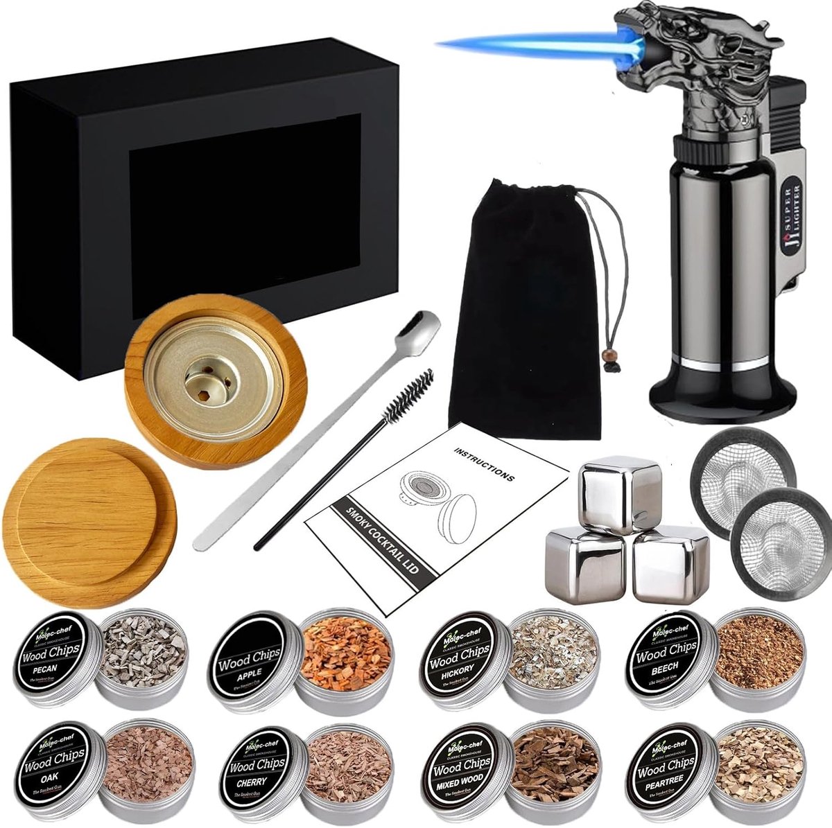 Thijox - Cocktail Rookkit – Whisky Set met 8 Houtsoorten & Accessoires – Professionele Roker voor Old Fashioned – Perfect Cadeau voor Vaders en Mannen