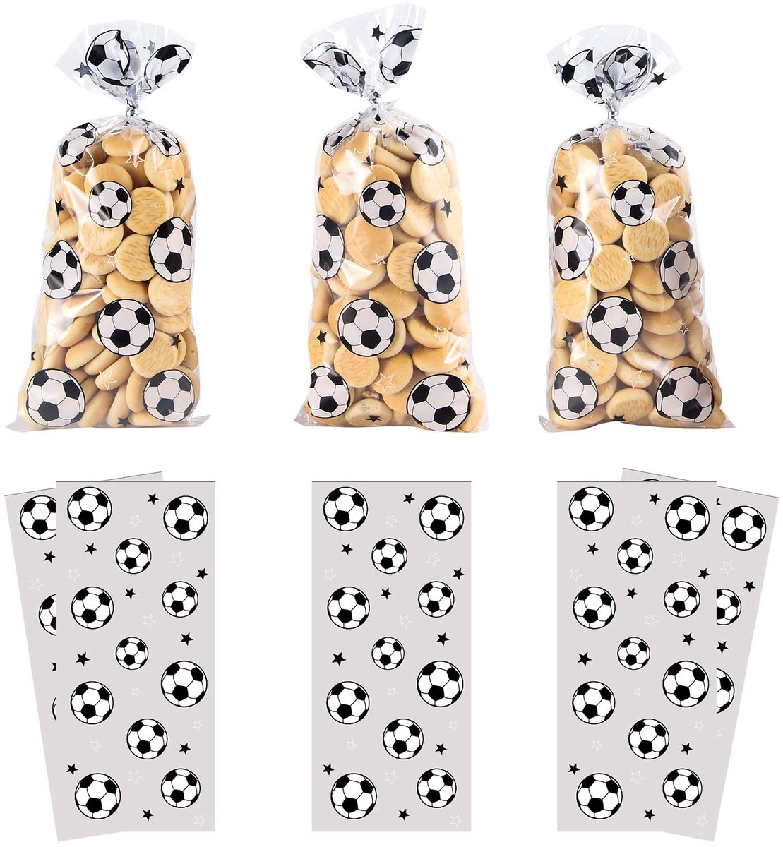 Dailygoods- Voetbalfeesttassen 100 stuks - Snoepzakken - Voetbal geschenken - Plastic zakjes - Zilveren linten - Perfect voor feestdagen - Snoepzakjes