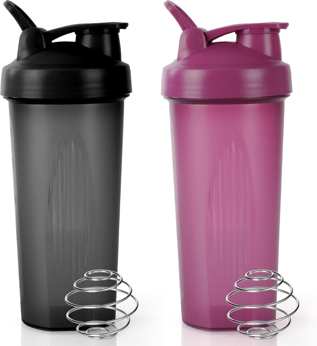 SnelShoppen - Proteïneshaker Set 2 Stuks 600 ml - Lekvrije Mixbeker met Mengbal voor Eiwitshakes - Fitness Shakebeker Zwart + Paars - Ideaal voor Spor