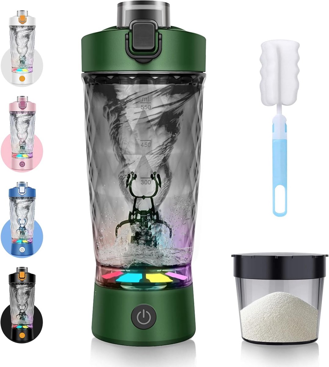 Thijox - Elektrische Shaker 650 ml met Poedervak, USB Oplaadbare BPA-vrije Eiwithaker in Olijfgroen, Ideaal voor Sport, Fitness en Thuisgebruik