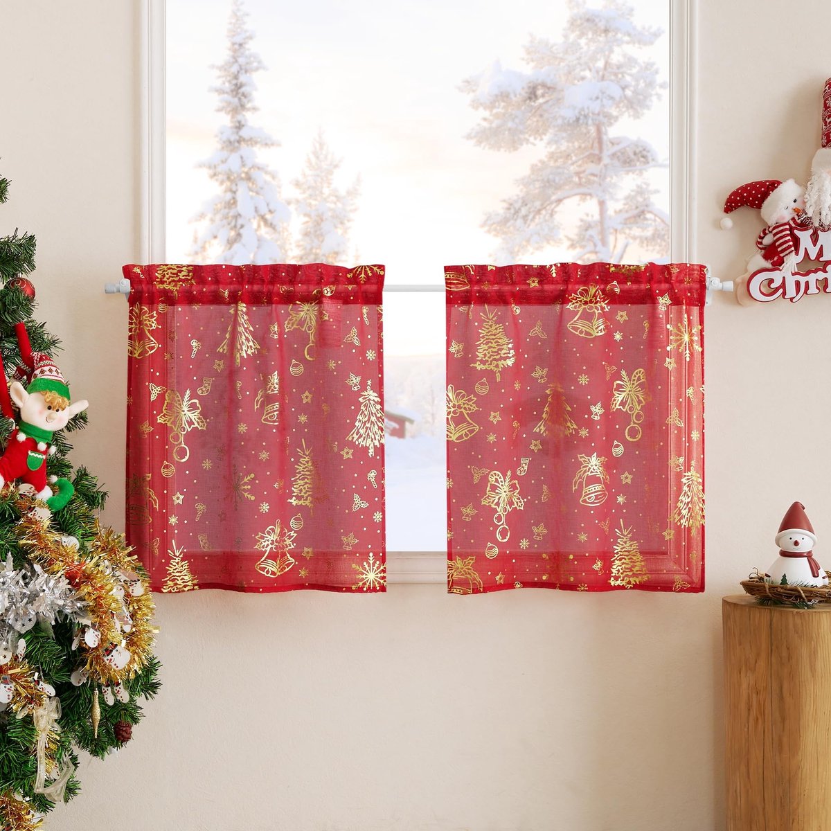 Dailygoods- Voile Gordijnen Lichtdoorlatend - Gordijnen Kant-en-klaar 2 Stuks - Kerstmotief - Roedezak 3,5/5 cm - 60x60 cm - Transparant