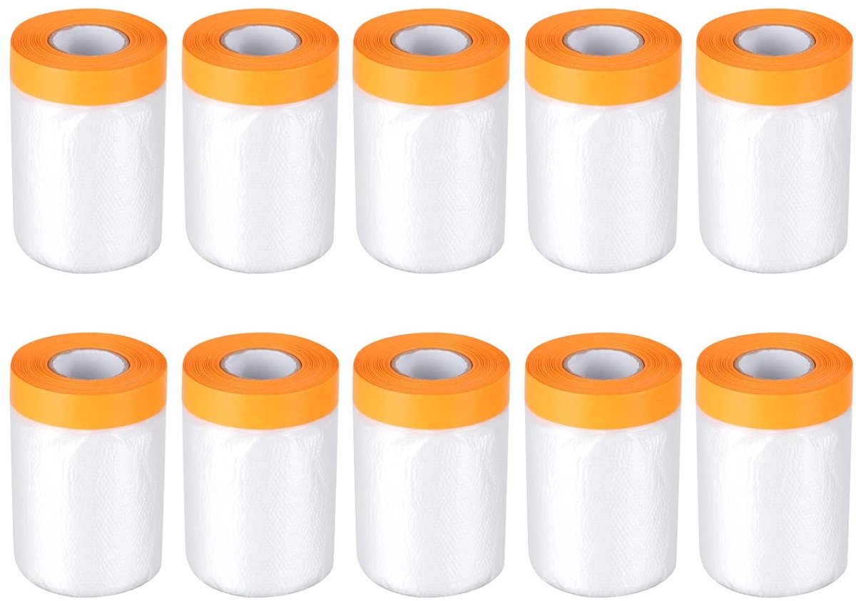 SnelShoppen - 10 Rollen Transparante Afplakfolie met Plakband, 55 cm x 20 m, UV Bestendige Maskertape voor Stofbescherming, Zelfklevende Schilderfolie