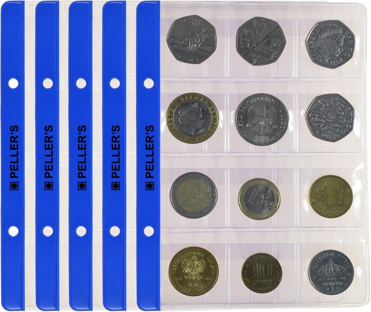 Thijox - PELLER'S 10 Verzamelvellen voor Middelgrote Munten, 12 Vakken 3,5 cm x 3,5 cm, Album S Navulling voor Munten tot 28 mm, Veilig en Duurzaam