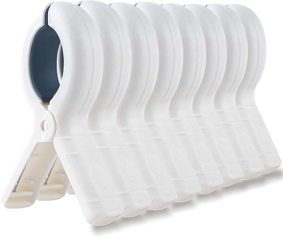 Thijox - 8 Stuks Handdoekclips voor Ligstoelen - Grote Witte Strandhanddoekclips - Zonnebedhanddoekclips - Handdoek Haringen voor Strand en Camping -