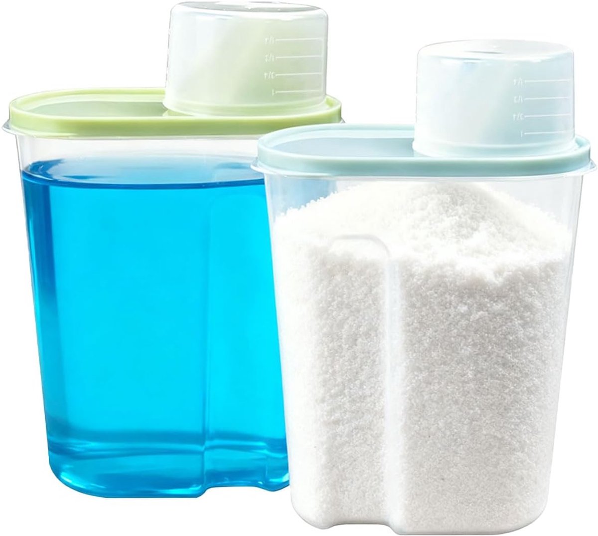 SnelShoppen - 2 Pcs Wasmiddelopslag, Doseerhulp, Luchtdichte Wasmiddel Dispenser met Maatbeker, 2500ml Waspoeder, Opslagdoos, Wasmiddelbox, Voedercont