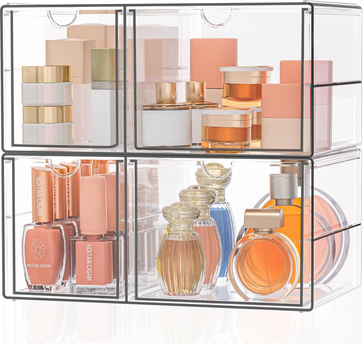 SnelShoppen - Make-up Organizer met 4 Lades: Set van 2 Transparante Acryl Desk Organizers met Antislip Pads | Stapelbare Lades voor Cosmetica, Sierade