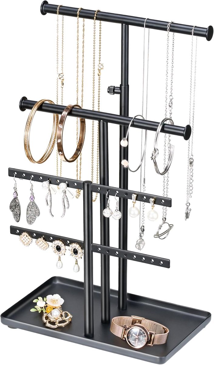 SnelShoppen - Jewelry Stand Chain Holder - Zwart, Grote Capaciteit, Verstelbare Sieradenhouder voor Oorbellen, Armbanden, Horloges en Kettingen