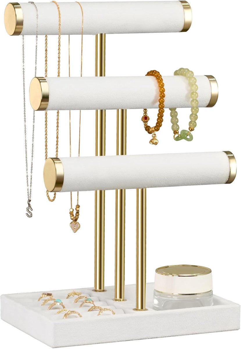 Thijox - 3-laags sieradenorganizer - Witte fluwelen armbandhouder met goudkleurig metaal - Verwijderbare T-vormige standaard voor kettingen, horloges,