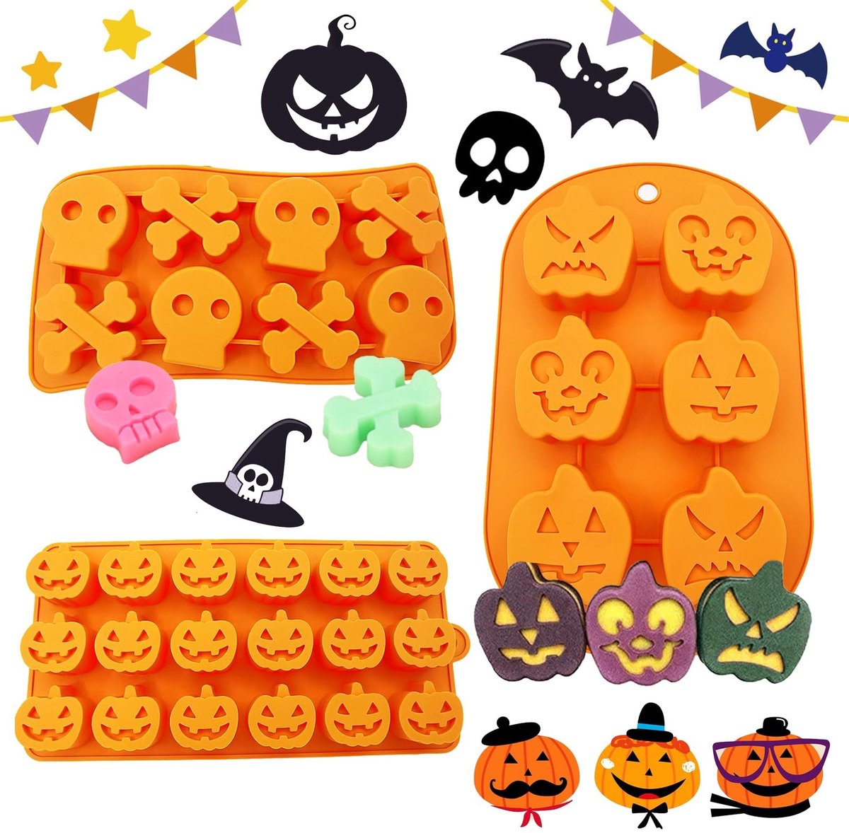 Dailygoods- Siliconen Mallen - 3 Stukken Halloween Mallen - Pompoen/Skelet Ontwerpen - Slijtvast/Siliconen - Oven/Magnetron Geschikt - Creatieve DIY Decoratie - Bakvormen