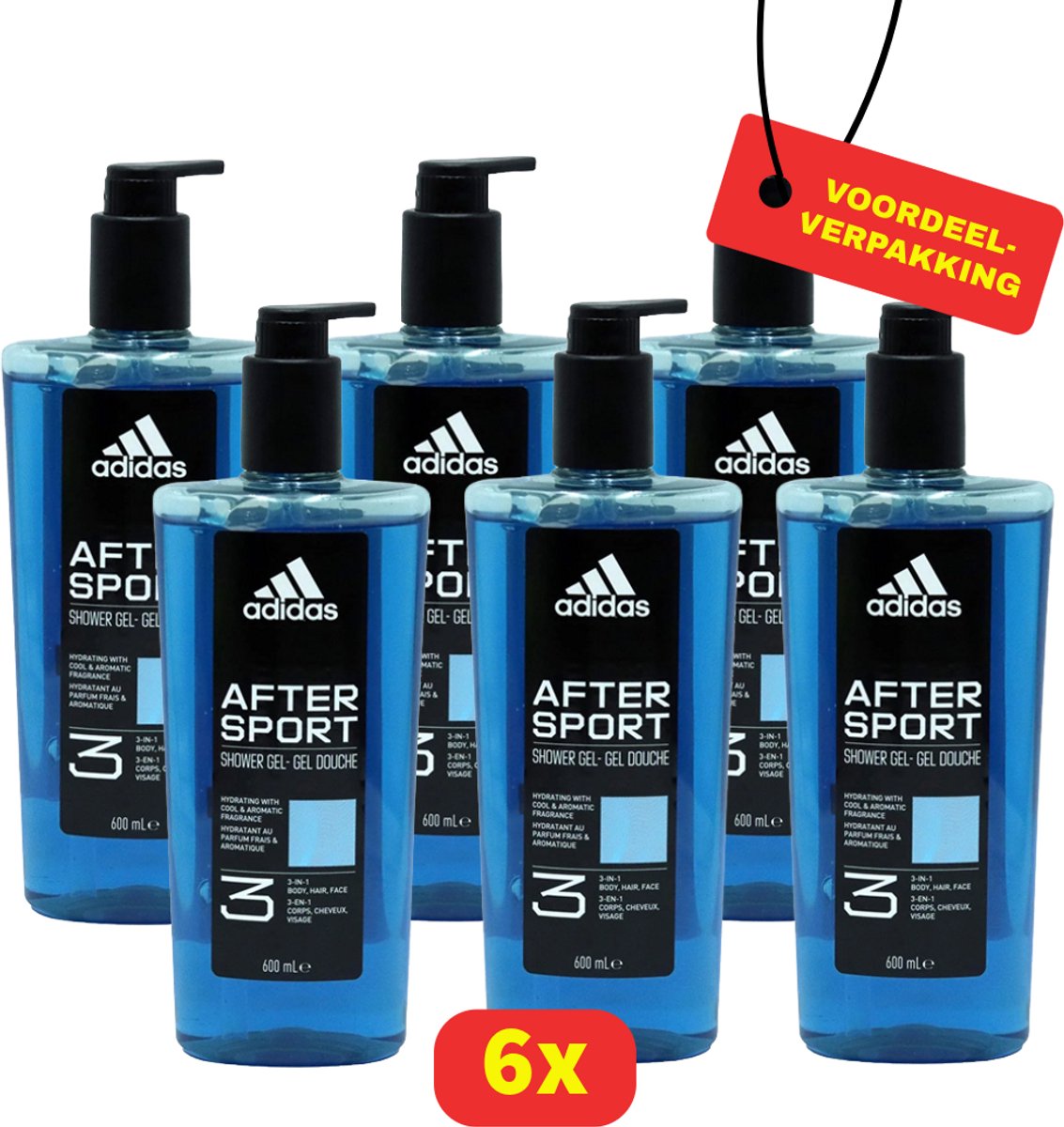 Adidas After Sport 3-in-1 Douchegel met Pomp – Lichaam, Gezicht & Haar – 6x 600 ml - Voordeelverpakking