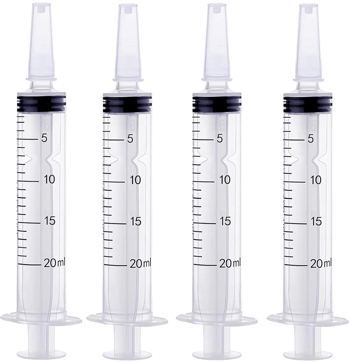 20 ml wegwerpspuiten, 4 stuks kunststof doseerspuiten met dop voor laboratorium, diervoeding en plantenirrigatie