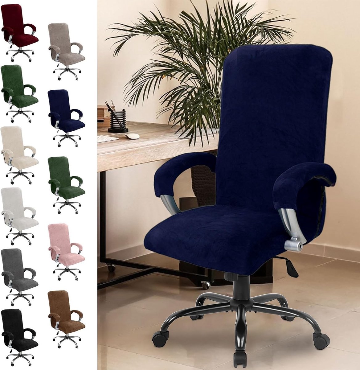 Luxueuze Velours Bureau Slipcover met Armsteun - Beschermhoes voor Hoge Rug en Gaming Stoel, Elastische Bekleding (Marineblauw)