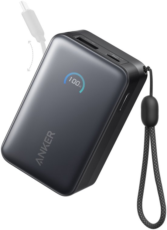 Anker powerbank met 100% batterij-indicator en polsbandje.